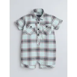 Polka Tots Unisex Kids Half Sleeve Checks Print Shirt Romper With Bow Green Rompers-picture-38