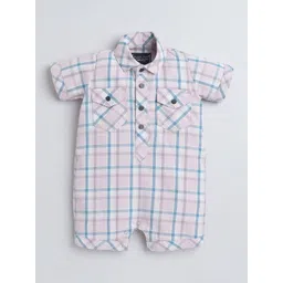 Polka Tots Unisex Kids MauveHalf Sleeve Checks Print Shirt Romper With Bow-image-48
