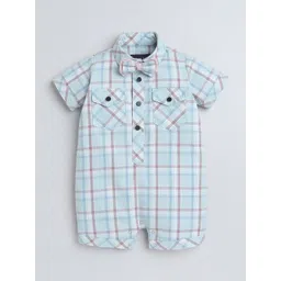 Polka Tots Unisex Kids Turquoise Blue Half Sleeve Checks Print Shirt Romper With Bow-image-47