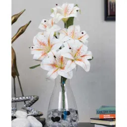pollination Elegant Artificial Dotted White Lily Flower Bunch Real Touch Decorative Bouquet For Home & Events (White)-picture-16