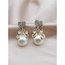 PolluxCraft Gold-Plated Artificial Stones Studded And Pearls Beaded Korean Drop Earrings-picture-12