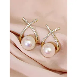 PolluxCraft Gold-Plated Stone Studded & Beaded Floral Studs Earrings image 1