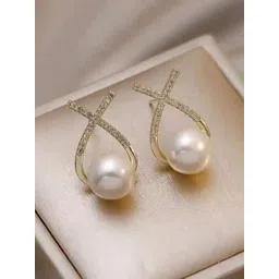 PolluxCraft Gold-Plated Stone Studded & Beaded Floral Studs Earrings image 2