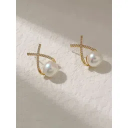 PolluxCraft Gold-Plated Stone Studded & Beaded Floral Studs Earrings image 3