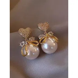 PolluxCraft Gold-Plated Stone Studded Pearls Beaded Heart Shaped Drop Earrings-picture-20