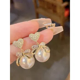 PolluxCraft Gold-Plated Stone Studded Pearls Beaded Heart Shaped Drop Earrings-picture-22