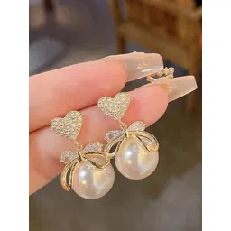 PolluxCraft Gold-Plated Stone Studded Pearls Beaded Heart Shaped Drop Earrings-picture-24