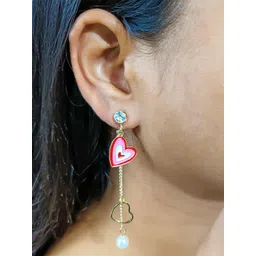 PolluxCraft Gold-Plated Stones Studded & Pearls Beaded Heart Shaped Drop Earrings-picture-16
