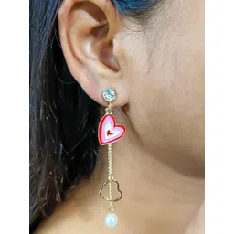 PolluxCraft Gold-Plated Stones Studded & Pearls Beaded Heart Shaped Drop Earrings-picture-34
