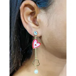 PolluxCraft Gold-Plated Stones Studded & Pearls Beaded Heart Shaped Drop Earrings-picture-39