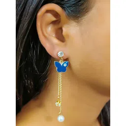 PolluxCraft Gold-Plated Stones Studded Pearls Beaded Butterfly Shaped Drop Earrings-picture-27