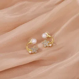PolluxCraft Gold-Plated Zircon Stone Studded & Pearls Beaded Floral Shaped Studs-picture-15