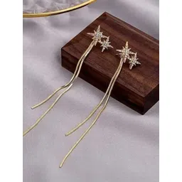 PolluxCraft Korean Gold-Plated Artificial Stones Studded Floral Tasselled Drop Earrings-picture-27