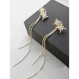 PolluxCraft Korean Gold-Plated Artificial Stones Studded Floral Tasselled Drop Earrings-picture-15