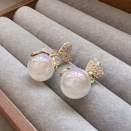 PolluxCraft Korean Gold-Plated Stone Studded Pearls Beaded Heart Shaped Drop Errings-picture-25