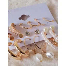 PolluxCraft Korean Set Of 9 Gold-Plated Pearls Beaded Contemporary Half Hoop Earrings-picture-11