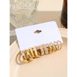 PolluxCraft Set Of 5 Gold-Plated Pearls Beaded Circular Half Hoop Earrings-picture-26