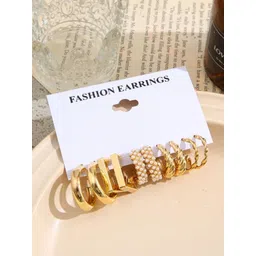 PolluxCraft Set Of 5 Gold Plated Pearls Studded Circular Shaped Half Hoop Earrings-picture-25