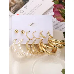 PolluxCraft Set Of 6 Gold-Plated Pearls Beaded Korean Half Hoop Earrings-picture-41