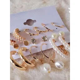 PolluxCraft Set of 9 Gold-Plated Artificial Stone Studded & Beaded Contemporary Studs-picture-33