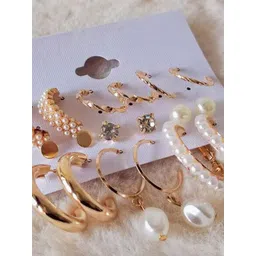 PolluxCraft Set of 9 Gold-Plated Artificial Stone Studded & Beaded Contemporary Studs-picture-36