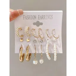 PolluxCraft Set Of 9 Gold-Plated Pearls Beaded Circular Shaped Korean Half Hoop Earrings-picture-28