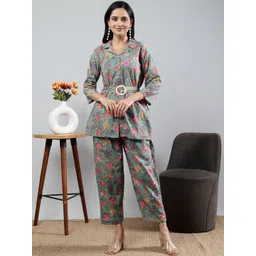 Polyglot Floral Printed Pure Cotton Shirt Collar Top With Trousers-picture-34