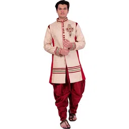 Pooja Ethnic Pooja Ethnic Men's Beige Silk Indo Western with Dhoti PE9071 Embroidered Sherwani-picture-36