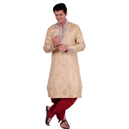 Pooja Ethnic Pooja Ethnic Men's Beige Silk Sherwani with Dhoti PE9080 Embroidered Sherwani-picture-26