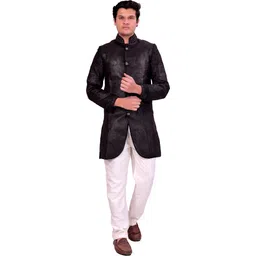 Pooja Ethnic Pooja Ethnic Men's Black Silk Indo Western with Pant PE9089 Embroidered Sherwani-picture-35