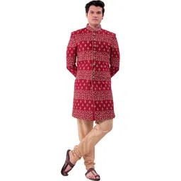 Pooja Ethnic Pooja Ethnic Men's Maroon Silk Indo Western with Pant PE9025 Embellished Sherwani-picture-32