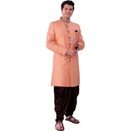 Pooja Ethnic Pooja Ethnic Men's Orange Silk Sherwani with Dhoti PE9034 Solid Sherwani-picture-23