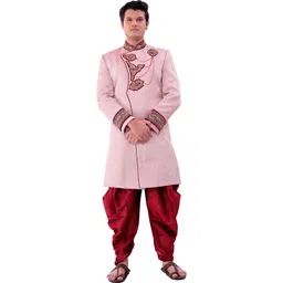 Pooja Ethnic Pooja Ethnic Men's Pink Jute Indo Western with Dhoti PE9017 Embroidered Sherwani-picture-18