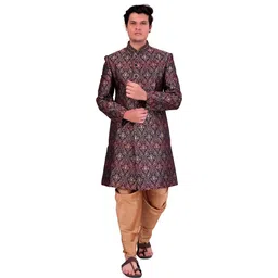 Pooja Ethnic Pooja Ethnic Men's Purple Jacquard Indo Western with Dhoti PE9102 Embellished Sherwani-picture-33