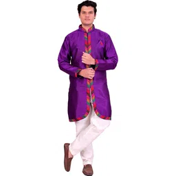 Pooja Ethnic Pooja Ethnic Men's Purple Silk Indo Western with Pant PE9090 Embroidered Sherwani-picture-13