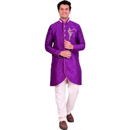 Pooja Ethnic Pooja Ethnic Men's Purple Silk Indo Western with Pant PE9091 Embroidered Sherwani-picture-10