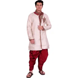 Pooja Ethnic Pooja Ethnic Men's White Silk Indo Western with Dhoti PE9078 Embroidered Sherwani-picture-36