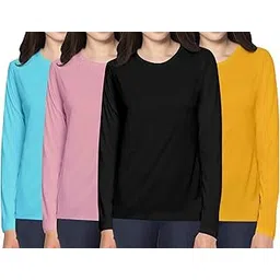 pooplu Women's Regular Fit Round Neck 4 Pack Combo Plain Full Sleeves Cotton Yellow, Pink, Black, Turquoise T Shirt. Stylish, Pootlu Casual Tshirts.-picture-26