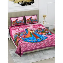 POORAK Pink & Blue Ethnic Motifs 104 TC Cotton Queen Bedsheet With 2 Pillow Covers-picture-28