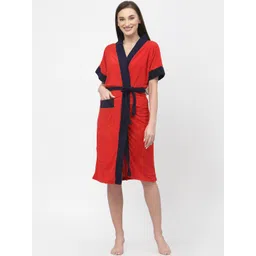 POORAK Red & Blue shawl collar Colourblocked Bath Robe-picture-12