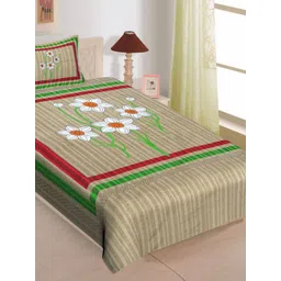POORAK Sea Green & Beige Jaipuri Print 104 TC Single Bedsheet with 1 Pillow Covers-picture-38