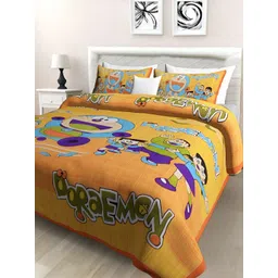 POORAK Yellow & Blue Cartoon Characters 104 TC Queen Bedsheet with 2 Pillow Covers-picture-37