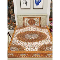 POORAK Yellow & White Ethnic Motifs 104 TC Single Bedsheet with 1 Pillow Covers-picture-38