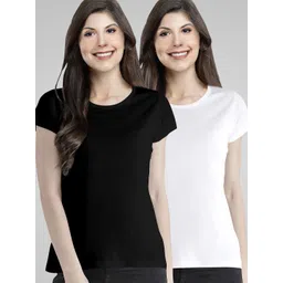 Pootlu Women Set Of 2 Black & White Solid Cotton T-shirt-picture-38