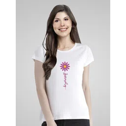 Pootlu Women White Printed Pure Cotton T-shirt image 1