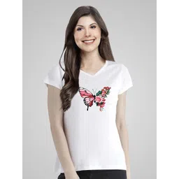 Pootlu Women White Printed V-Neck T-shirt 100% Cotton-picture-21