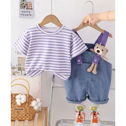 POP STREET KIDS Cotton Knit Teddy Bear Applique Detailed Dungaree With Half Sleeves Striped Tee - Purple-picture-25