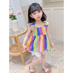 POP STREET KIDS Girls Striped Square Neck Top With Shorts-picture-36