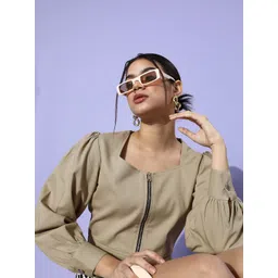 Popnetic Women Beautiful Grey Solid Pure Cotton Puff Sleeves Jacket-picture-42