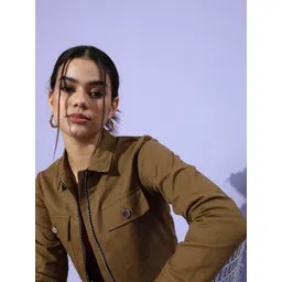 Popnetic Women Khaki Solid Pure Cotton Cropped Jacket-picture-15
